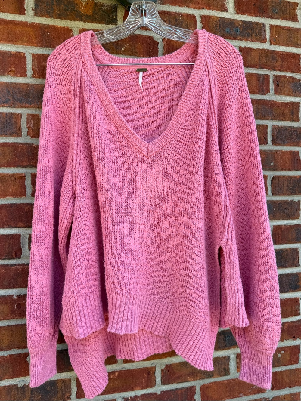 Free People Pink V-Neck Chunky Knit Sweater